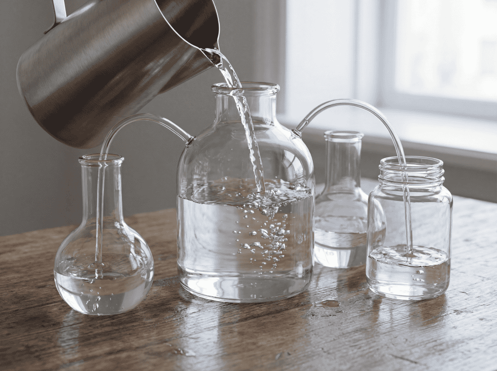 서로 연결된 유리 용기들에 물이 흘러넘어가는 모습으로 유동성 흐름을 표현한 현실적인 근접 촬영 이미지