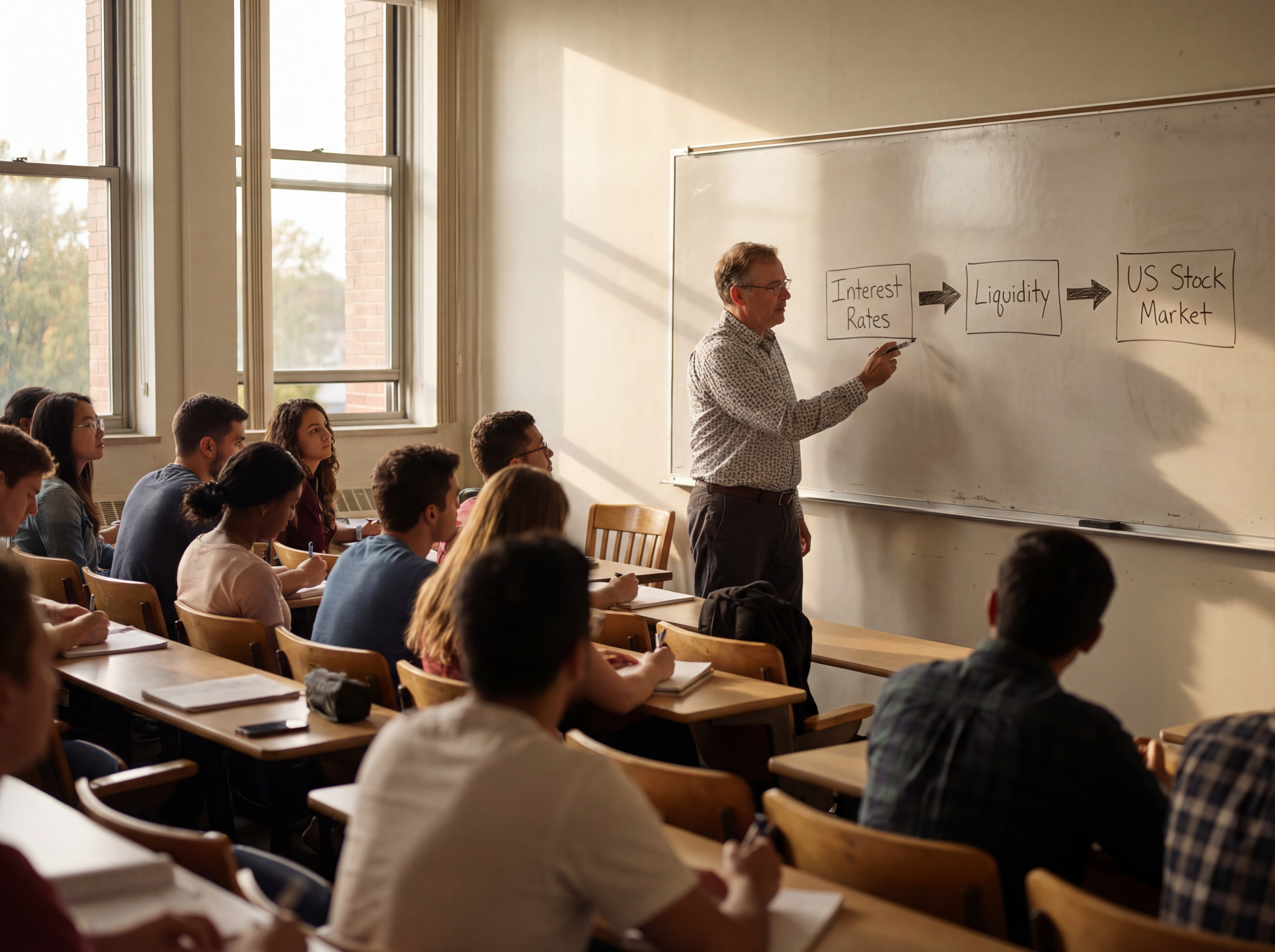 미국 증시 흐름을 설명하는 경제 교사가 화아트 보드에 금리·유동성·미국 증시의 관계를 화살표로 그려 학생들에게 설명하는 교실 장면